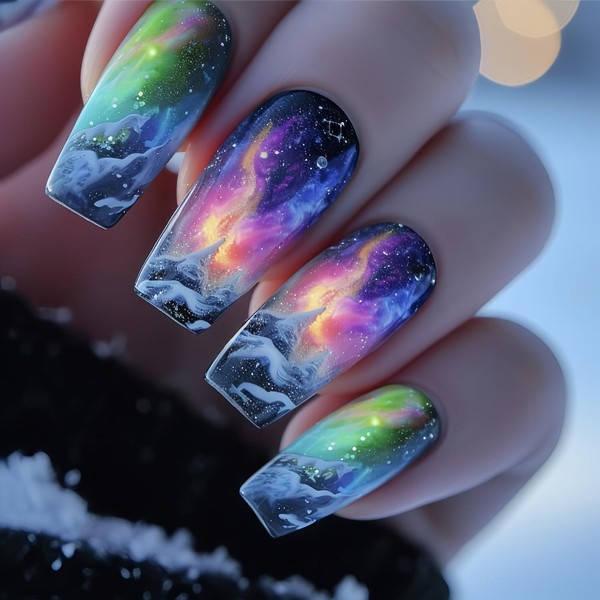 Press On Medium Aurora Colorful Snow Mountain Design Ballet Shaped