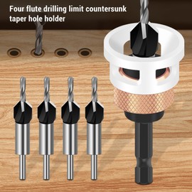 Countersink Drill Bit Set, Adjustable Depth Stop Counter Sink Drill Bit, 4 Flute Wood Plug Cutter Drill Bit Set with Guiding Flutes, 2.8, 3.2, 3.5, 4.0mm, for Deep Holes in Hard