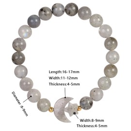 mookaitedecor Moon & Star Charm Labradorite Healing Crystal Beads Bracelet Jewellery Gift for Women Girls, 8mm Beads Quartz Crystal Semi Precious Stone Stretch Bracelet for Chakra Energy Balancing