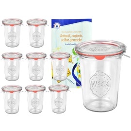 9er Set Original WECK 3/4-Liter Sturzglas, 850 ml, Rundrandglas RR100 + Glasdeckel + Dichtring + Weck-Klammern + GRATIS Rezeptheft, Einmachglas, Einkoch-Set, Einlegen, Einwecken + Konservieren, Glas