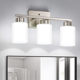 FonmYim Brushed Nickel Bathroom Light Fixtures, 3-Light Modern Vanity Light Over Mirror, Wall Sconces with Milky White Frosted Glass Shades, E26 Socket (Bulbs Not Included)