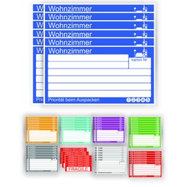 GamesMonkey® - Stickers for Moving Boxes - 15 x 8 cm - Set of 25, 50 and 100 Pieces Including Free "Fragile" Labels - Durable and Writeable (Col 001 - DE, Pack of 100 + 15 Free)
