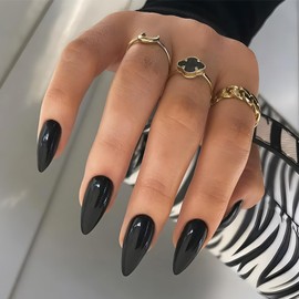 OuryTech Press on Nails Black, 24 Pieces All Black Medium Almond Stiletto Fake Nails, Pure Colour Acrylic Reusable Nails with Protective UV Coating, for Ladies