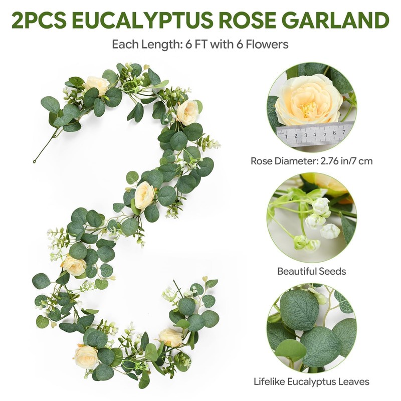 2 Pack 12FT Artificial Eucalyptus Flower Garland with 6 Champagne