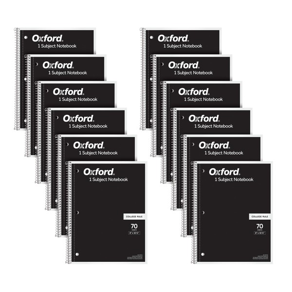 Oxford Spiral Notebook 12 Pack, 1 Subject, College Ruled Paper, 8 x 10-1/2 Inches, Black Covers, 70 Perforated Sheets (63744)