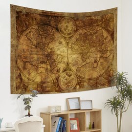 YONGFOTO 150 x 100 cm World Map Tapestry Wall Hanging, Vintage Speckled World Map Wall Picture Blanket for Room Old Century Adventure Historical Discovery for School Classroom