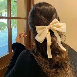 Sttiafay Hair Ribbons for Women Satin Bow Barrettes Large White Bowknot Hair Clip Long Tail Bow Hair Accessories Silky French Hair Ribbon Barrettes for Women Accessories