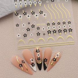 Flower Nail Art Sticker Decals, Gold Line Black White Pink Red Blue Floral Nail Self-Adhesive Sticker Designs 3D Flowers Nail Transfer Decal Acrylic Supplies for Women Girls Manicure Charm Decorations