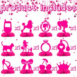 12 Pack Pink Girl Table Centerpieces – Fashion Silhouette Honeycomb Decorations with Crown, High Heel, Ring, Perfume – Glam Birthday Party Supplies for Girls