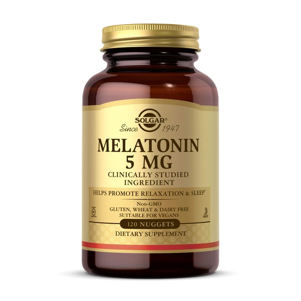 Solgar Melatonin 5 mg, 120 Nuggets - Helps Promote Relaxation & Sleep - Clinically-Studied Melatonin - Supports Natural Sleep Cycle - Vegan, Gluten Free, Dairy Free, Kosher - 120 Servings