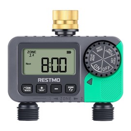 RESTMO Water Timer for Garden Hose, Sprinkler Timer with Brass Inlet, Automatic Digital Control | Manual ON/Off | Rain Delay, for Outdoor Faucet, Drip Irrigation and Lawn, 2 Outlet