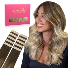WENNALIFE Tape Extensions Real Hair Ombre Walnut Brown to Ash Brown and Bleach Blonde 10 Pieces Tape in Extensions Real Hair 30 g 55 cm Invisible Hair Extensions Real Hair Invisible Straight Refill