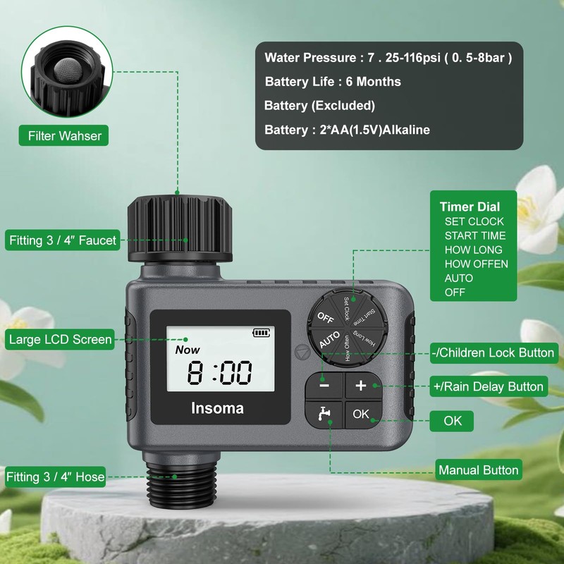 Water Timer, Digital Irrigation Controller System with Rain Delay/Manual Mode/Automatic,