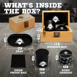 KOZO Premium Bamboo Box with Original Grinders, Tray, and UV Jar. Built-in Lock & Keys - Decorative Wooden Storage Box Set - Perfect for Your Accessories (Wood) (Modern)