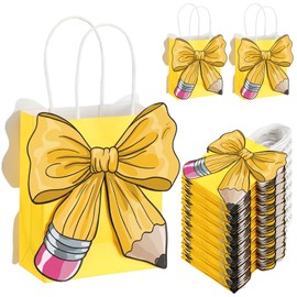 Glenmal 24 Pcs Mini Back to School Gift Bags First Day of School Paper Treat Bag with Handle Pencil Bow Style Goodie Bags for End of The Year Gifts Graduation Retirement Wrapping Supplies
