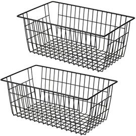 SANNO Black Metal Wire Storage Baskets Freezer Baskets Pantry Storage Baskets Bin, Farmhouse Baskets Large Refrigerator Freezer Storage Metal Basket Pantry Organizer Storage Bin Baskets Black