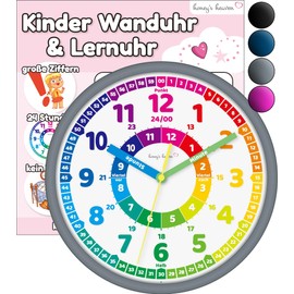 Honey's Heaven Wall Clock for Children - Learning Clock for Learning the Time - Analogue Children's Clock without Tick Noises with Silent Movement - Children's Room Decoration for Boys and Girls (Grey