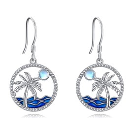 CRMAD Palm Tree Earrings Sterling Silver Moonstone Ocean Wave Beach Jewelry for Women Hypoallergenic