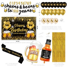 Black and Gold Party Decorations for Men and Women: Happy Birthday Banner, Fringe Curtains, "Cheers to You" Foil Balloons, Hanging Swirls, Photo Props, Birthday Sash (birthday backdrop)