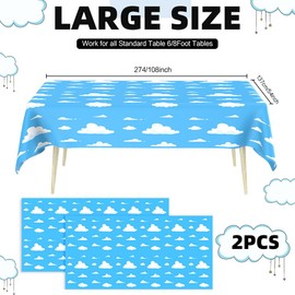 Blue Sky White Cloud Tablecloth Disposable Table Cover, 2 PCS 54 x108 Inches Cartoon Clouds Pattern Plastic Table Cloth Table Cover for Baby Showers Birthday Party Supplies, Sky Themed Decorations