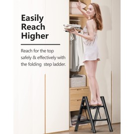 SOLADDER Step Stool, 2 Step Ladder with Anti-Slip and Wide Pedal, Folding Portable Iron Stepladder for Home and Kitchen, 300lbs - Black