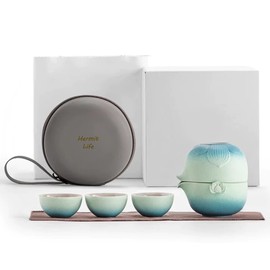 Zen Lotus Design Travel Teapot, Portable Ceramic Tea Set, 1 Pot, 1 Fairness Cup and 3 Mini Cups, Tea Ceremony Set for One to Three (Lake Blue)
