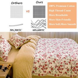 CinYana Red Floral Duvet Cover Set Reversible 100% Cotton Duvet Cover Queen 3 PCS Chic Garden Bedding Set Mini Floral Comforter Cover Soft Breathable for All Seasons (Red,Queen)