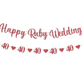 40th Wedding Anniversary Decorations Glitter 40th Happy Ruby Wedding Banner Red Heart Bunting Ruby Anniversary Decorations for 40th Birthday Anniversary Party
