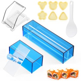 Baderke 10 Pcs Musubi Maker Kit - 2 Blue Acrylic Sushi Press Molds, 1 Luncheon Meat Slicer, Stainless Steel Wires, 6 Rice Ball Molds, 1 Spoon - Sushi Maker Kit for DIY Brunch Home Bento Picnic