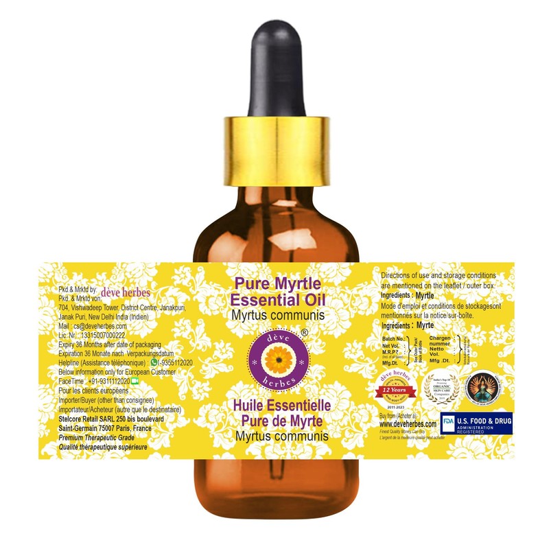 Deve Herbes Pure Myrtle Essential Oil (Myrtus communis) with Glass