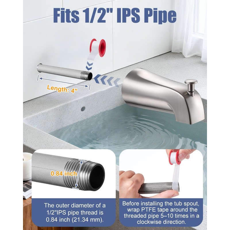 Threaded Tub Spout with Pull-Up Diverter - Leak Proof for