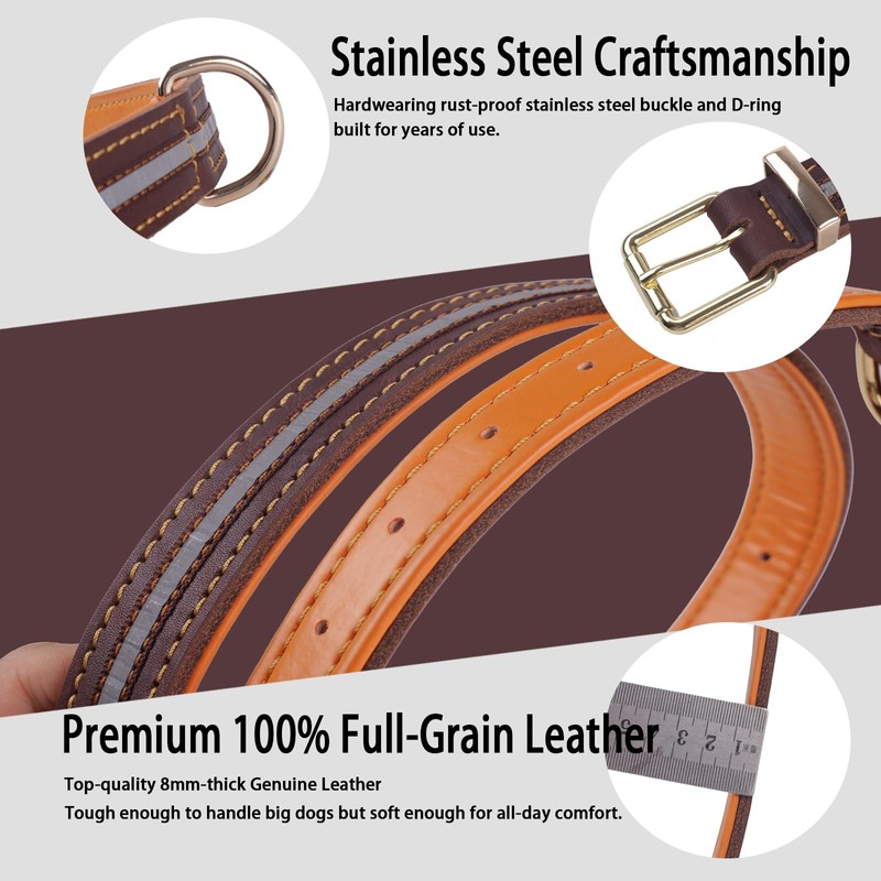 Thick Leather Dog Collar,Heavy Duty Genuine Leather, Reflective and Adjustable,Soft
