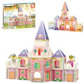 PicassoTiles 60pc Magnetic Tile Princess Castle Building Set with Double Sided Printed Tiles 2 Character Figures STEM Educational Toy Kit for Kids Pretend Play Montessori Learning Ages 3 to 8 PTQ04