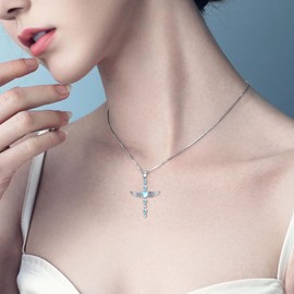 LUHE Moonstone Cross Necklace for Women 925 Sterling Silver Angel Wings Pendant Necklace Cross Jewelry Gifts