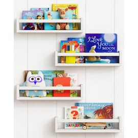 Forbena Floating Nursery Book Shelves for Wall Set of 4, White Wall Bookshelf for Kids Room, Small Wood Book Shelf Bookshelves for Baby Teen Boys Girls Bedoom Bathroom Toy and Decor Storage