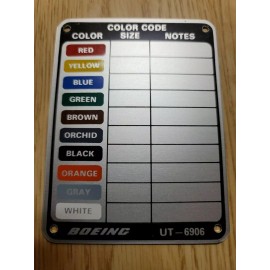 Boeing Aircraft Co. UT-6906 COLOR CODE Tag Metal Plate - 4" x 3"