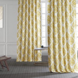 HPD Half Price Drapes Damask Printed Curtains Luxury Cotton Curtains 84 Inches Long (1 Panel) Room Darkening Window Curtains for Bedroom & Living Room, 50W x 84L, Yellow Damask Ornate