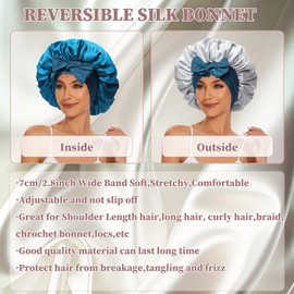 Coubeau Double-Sided 100% Silk Bonnet for Sleeping - 19 Momme Mulberry Silk Sleep Cap for Curly and Frizzy Hair (Blue/Silver)
