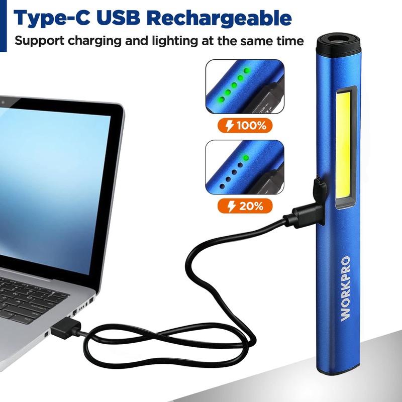 WORKPRO Rechargeable Flashlight, LED Pen Light with 365 nm UV