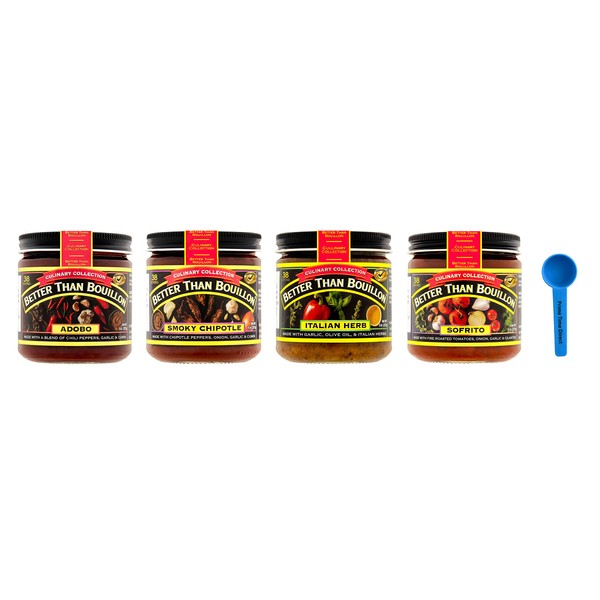 Better Than Bouillon Culinary Collection: Adobo, Italian Herb, Smokey Chipotle & Sofrito Base 8oz (4 Pack, 1 each) Bundle with PrimeTime Direct Teaspoon Scoop with BTB Authenticity Seal in a BTB Box