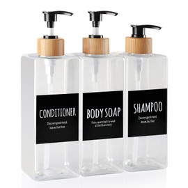 Shampoo and Conditioner Dispenser, Set of 3 16.9oz Refillable Shower Bottles Soap Dispenser with Waterproof Labels, Empty Plastic Bamboo Pump Body Wash Dispenser Set for Bathroom Hotel Tawny