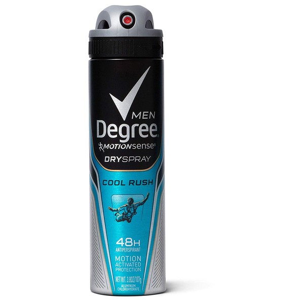 Degree Men Antiperspirant Deodorant Dry Spray for 48 Hour Sweat and Odor Protection Cool Rush With MotionSense Technology 3.8 oz, 12 Pack