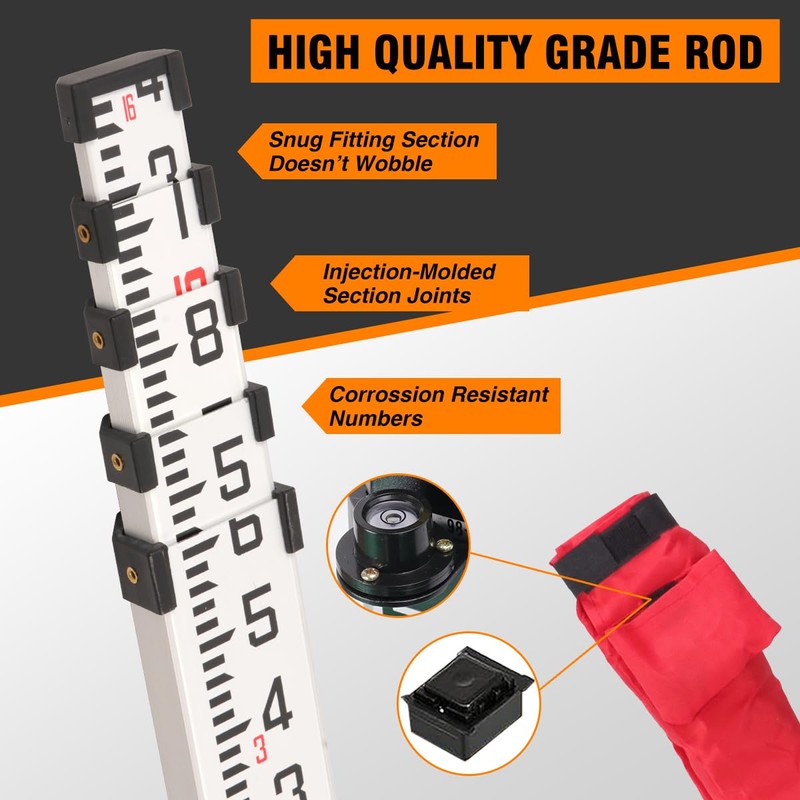 Mountlaser Aluminum Grade Rod 16Foot-10th, 5 Sections Dual Sided Telescoping