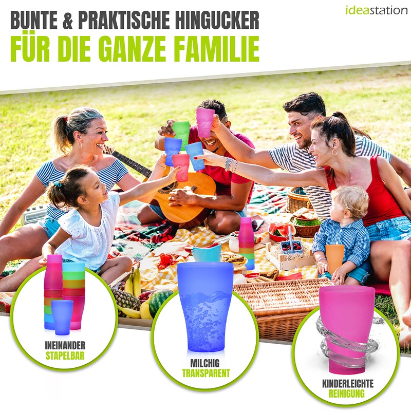 Idea-station NEO Plastic Cups Pack of 12, 450ml Colourful Reusable