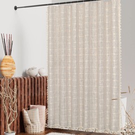 MitoVilla Boho Small Stall Shower Curtain 36 x 72, Tan Brown Half Size Narrow Cotton Linen Tassel Cloth Fabric Shower Curtains for Chic Modern Farmhouse Country Bathroom Decor