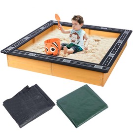 FAHKNS Wood Sandbox with Cover，DIY Raceable Race Track Seats，Sand Protection, Bottom Liner，Large Sand Pit for Kids Outdoor Recreation, Toy Storage, Flower Gardening