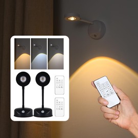 XPESUVC Motion Sensor Wall Light Rechargeable LED Spotlight Flexible Rotate Bedside Reading Lamps with 3 Color Temperature for Picture, Mirror, Hallway (Black, 2 Pack(with Remote Control))