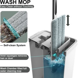 BOSHENG Mop and Bucket with Wringer Set, Flat Floor Mop and Bucket, with 3 Microfiber Mops for Floor Cleaning, Wet and Dry Use for Household Cleaning - White