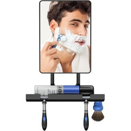 Espejo para Regadera Antiempañante Grande (23x16.4cm) con Bandeja de Almacenamiento, Espejo de Ducha Giratorio 360° para Afeitarse, Instalación Firme y Segura