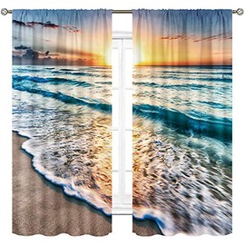 Cinbloo Ocean Beach Sunset Curtains Rod Pocket Coastal Hawaiian Seaside Sunrise Sea Wave Scene Seashore Nautical Printed Living Room Bedroom Window Drapes Treatment Fabric 2 Panels 42 (W) x 63(L) Inch